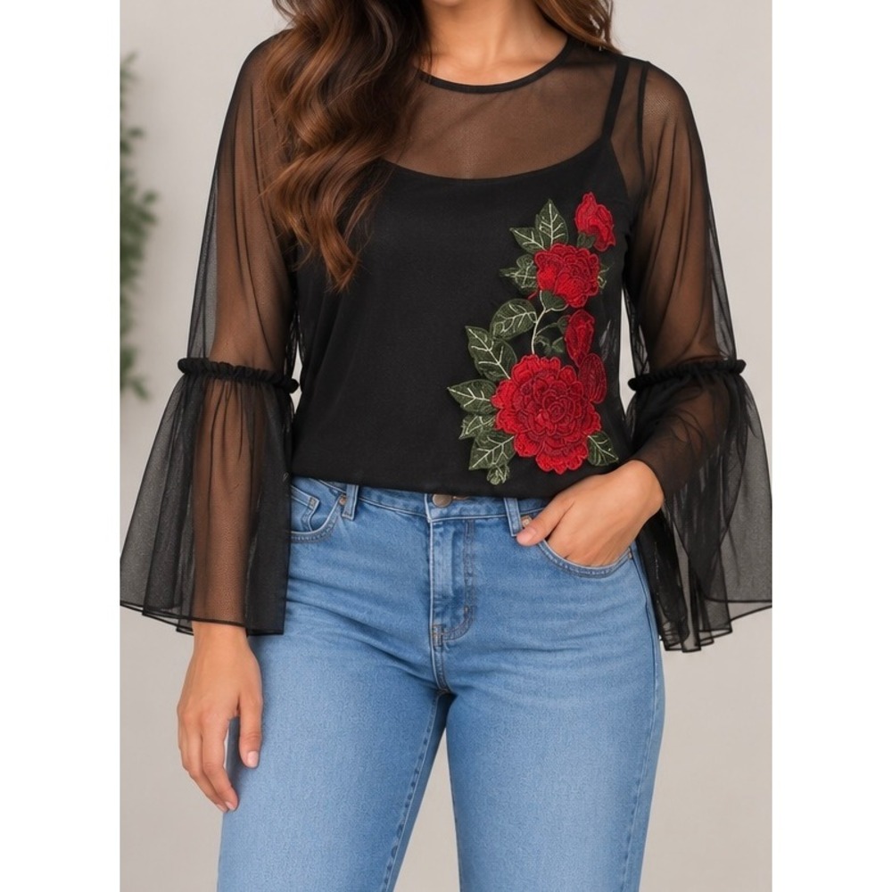 Womens Black Sheer Mesh Floral Rose Embroidered Bell Sleeve Top Overlay Size-S